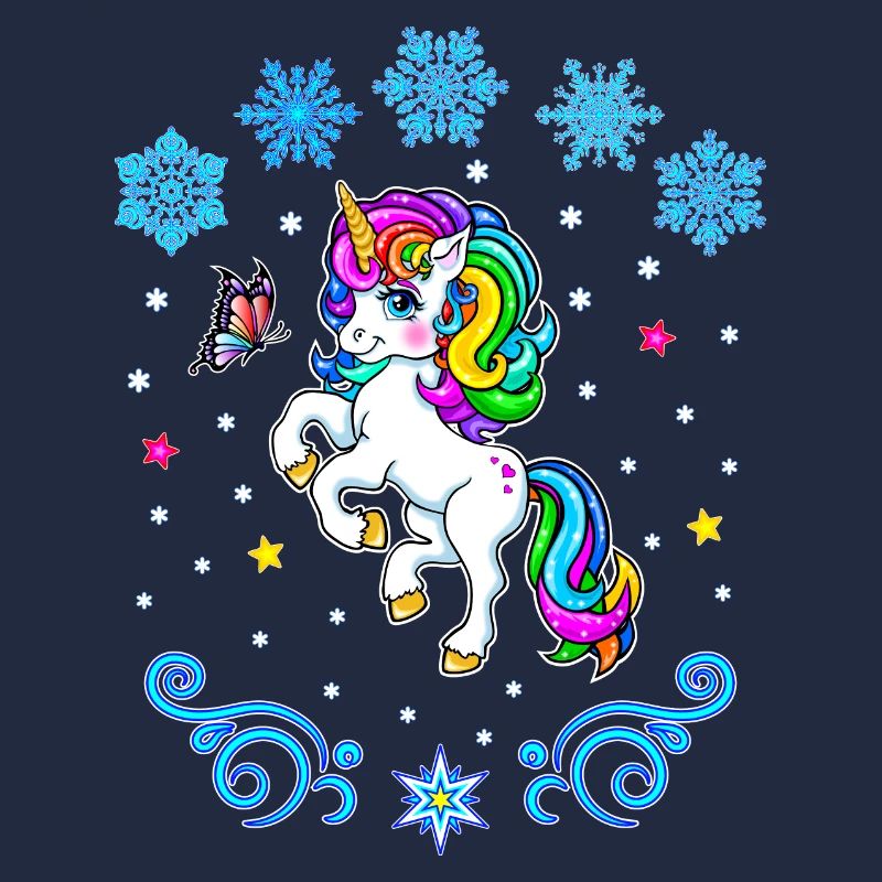 Winter buntes Einhorn mit Schneeflocken Regenbogen