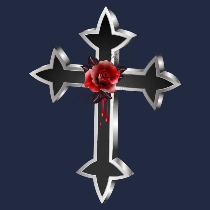 schwarz silberfarbenes Gothic Kreuz mit roter Rose