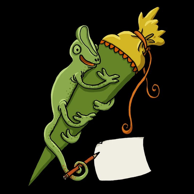 Caméléon avec cône d’école et bout de papier