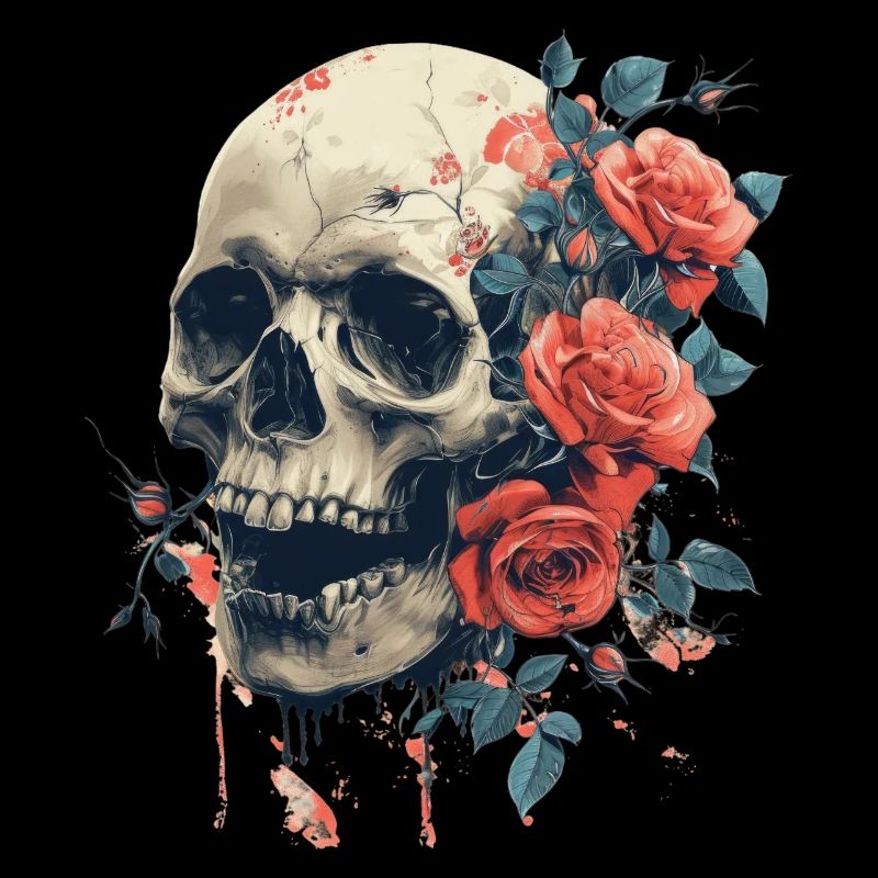 Gothic Skull and Roses Floral Graphic Art