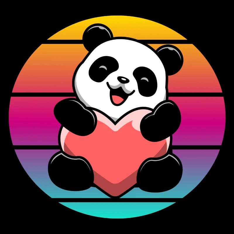 Vintage Panda Bear Heart Sunset