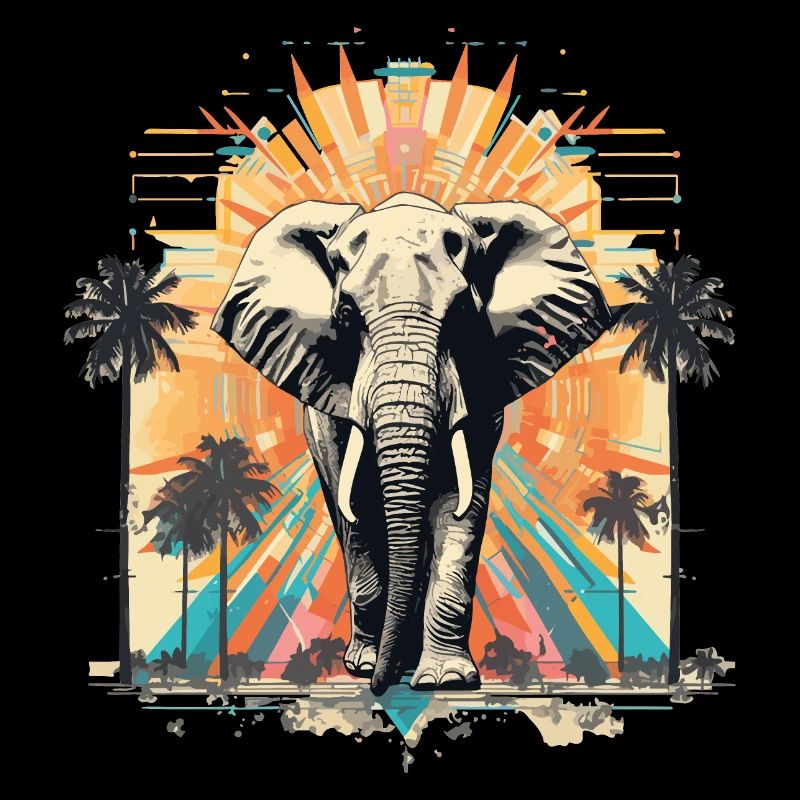 Vintage elephant in retro summer tropical style