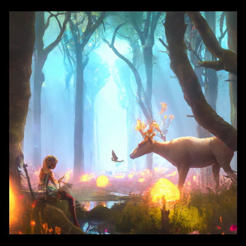 Fille dans une forêt magique entourée d’animaux
