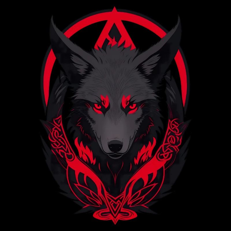 Roter und schwarzer Wolfskopf mit feurigen Augen