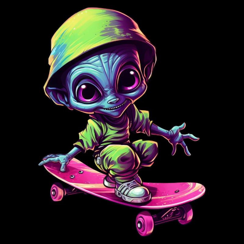 Blue-Pink Alien Skateboarder: Cosmic Tricks