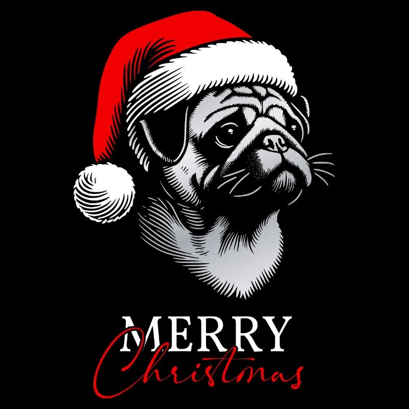 Mops Merry Christmas, Hundekopf, Zeichnung