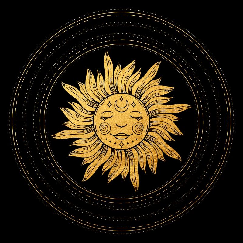 Sun face with golden rays, mystical