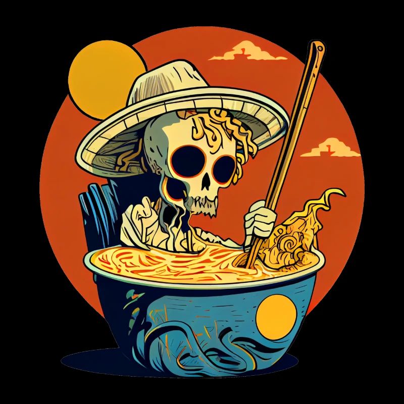 Cool skeleton sitting in ramen noodle soup