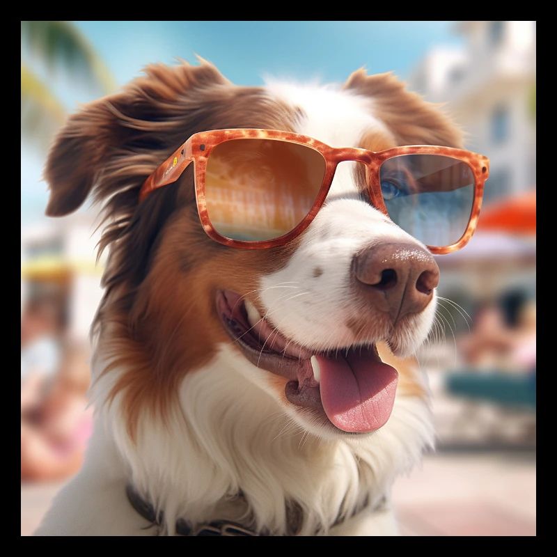 Australian Shepherd mit Sonnenbrille im Urlaub