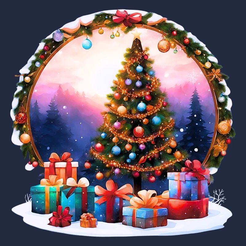 Farbenfroher Weihnachtsbaum mit Geschenken im Winterklima