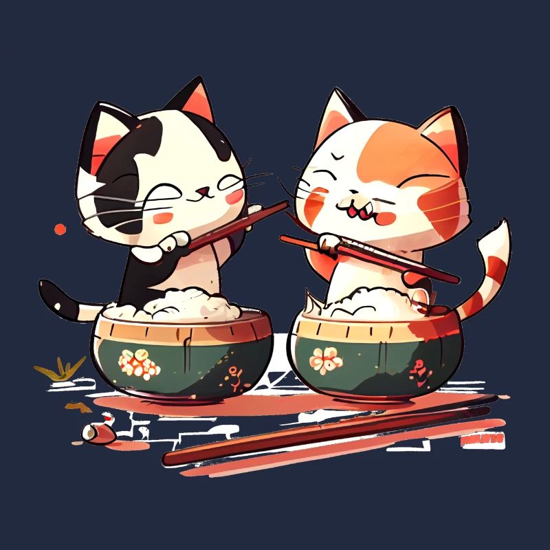 De mignons chats comiques mangent du riz ensemble
