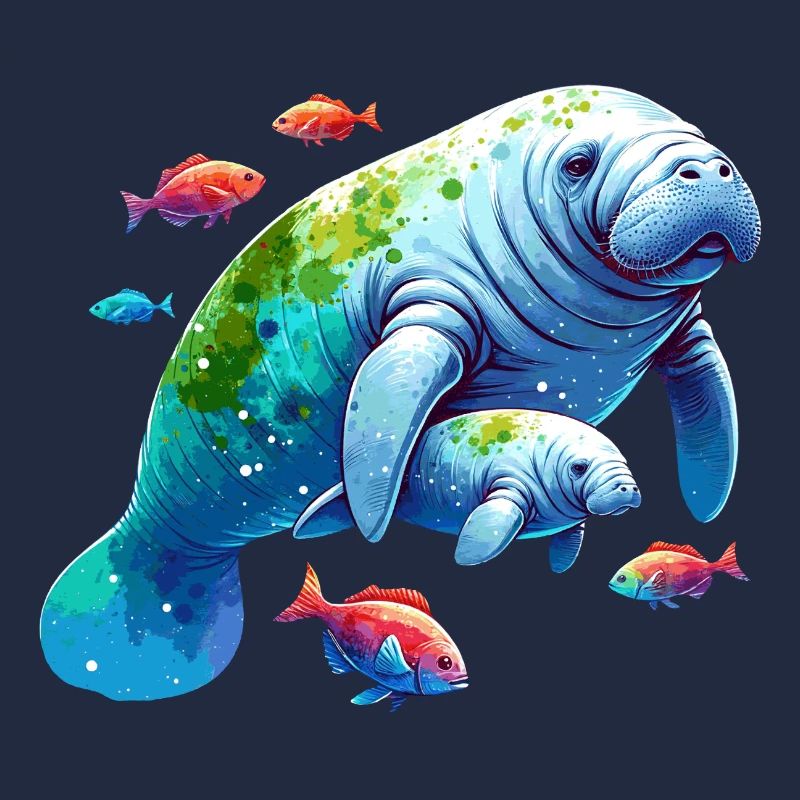 Manatee with calf and small colorful fish