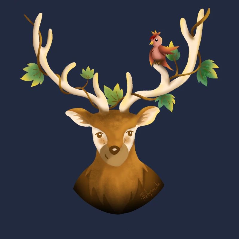 Hirsch oder Waldrentier mit Vogel und Efeu