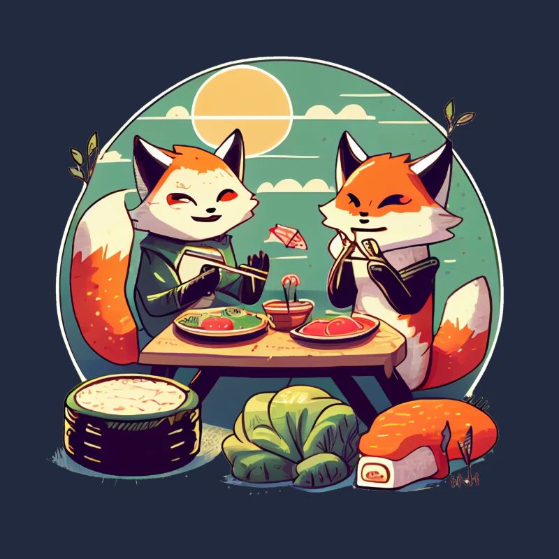 De mignons renards de dessins animés mangent des sushis ensemble
