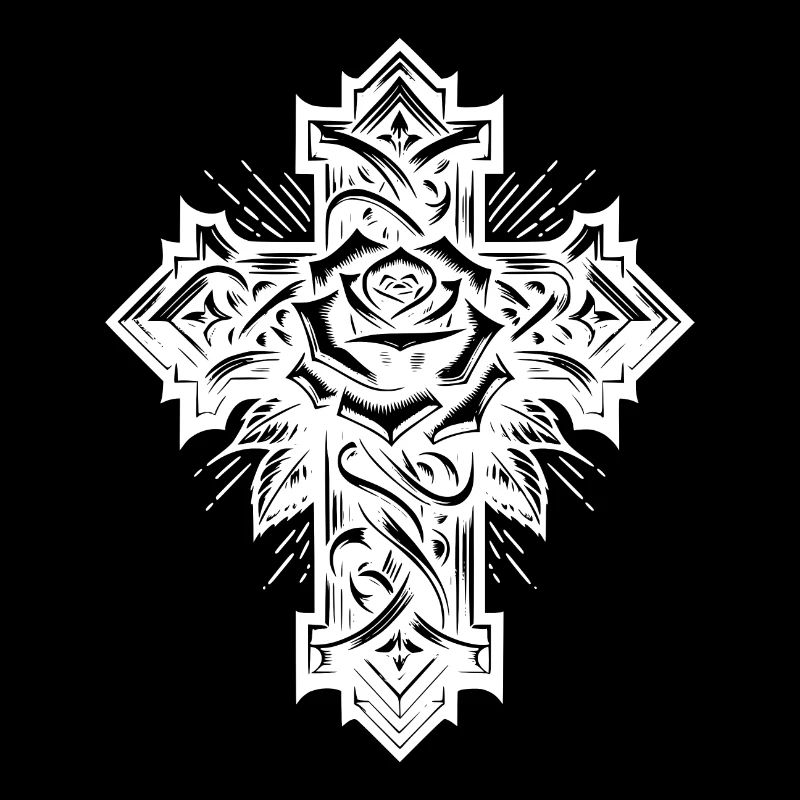 Croix géométrique avec rose et feuilles