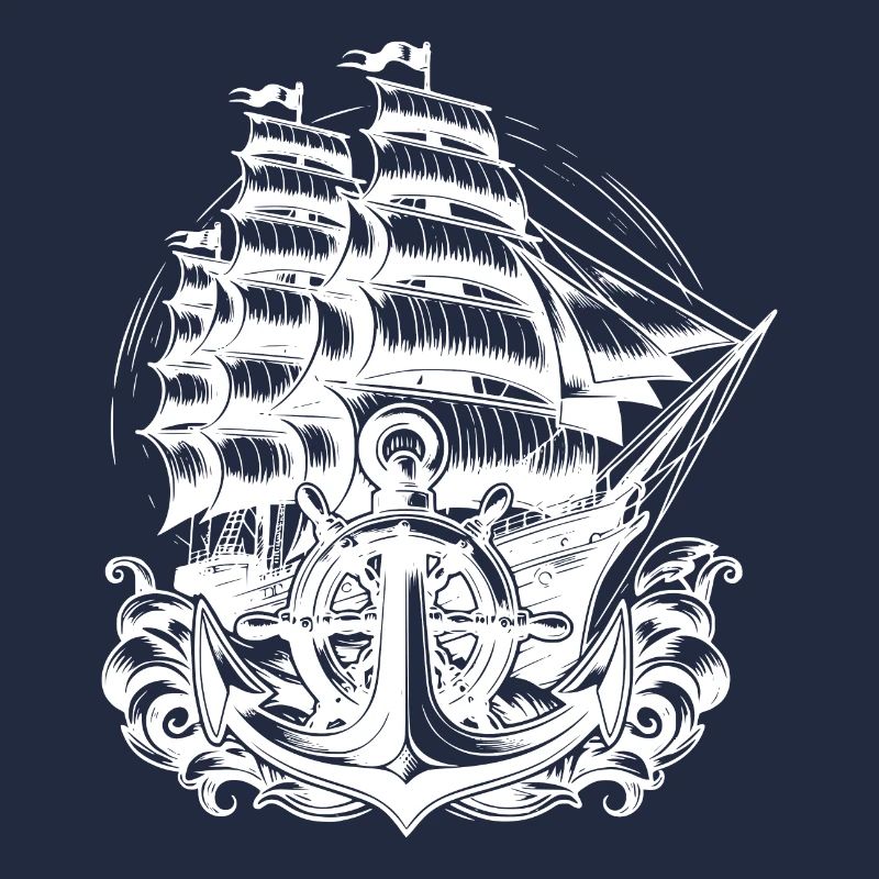 Sailing Ship with Set Sails Anchor Steering Wheel