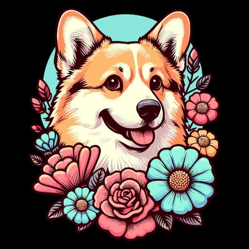 Welsh Corgi Pembroke Retro Pastell Blumen