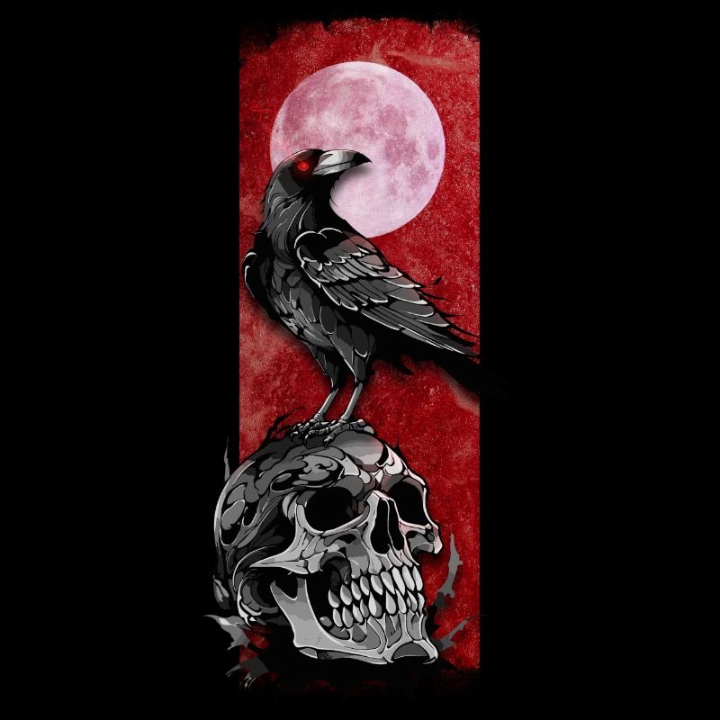 Présage nocturne : Corbeau sur crâne avec lune
