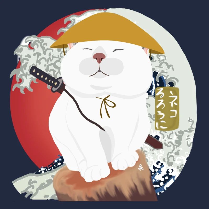 Chat samouraï assis sur le bois