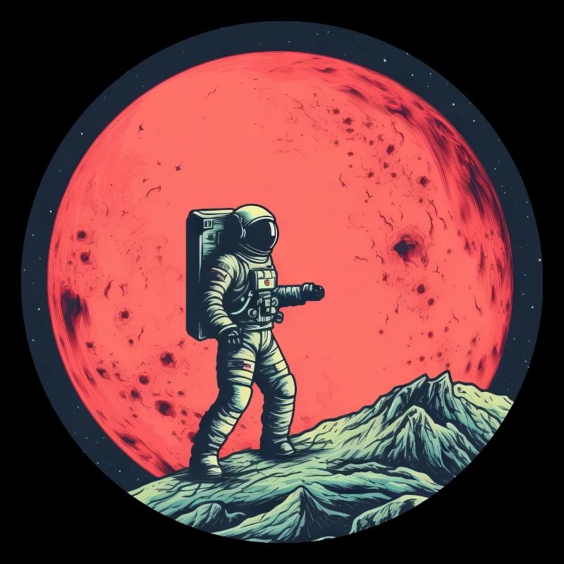 Astronaut auf Mond vor Rotem Mond