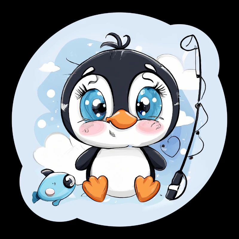 Mignon bébé pingouin avec une canne à pêche