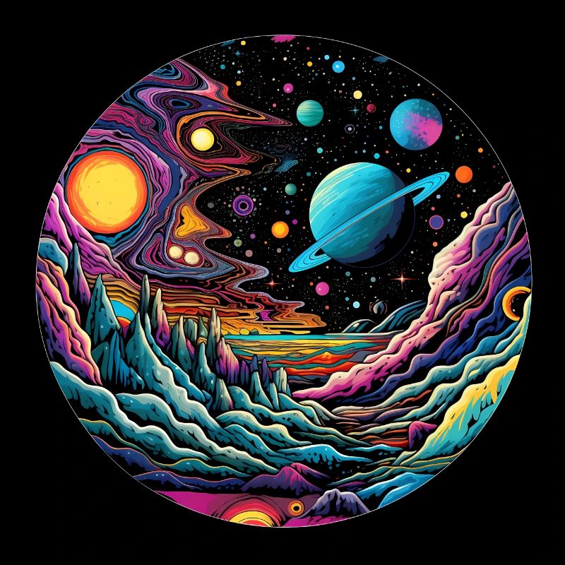 Surrealist space artwork with planets