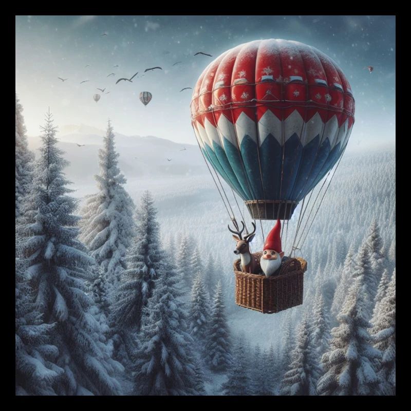 Gnome et renne dans une montgolfière