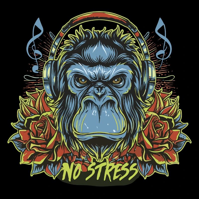 Gorilla mit Kopfhörer Lustiger Spruch NO STRESS