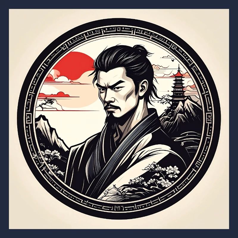 Samouraï dans un cadre circulaire au coucher du soleil