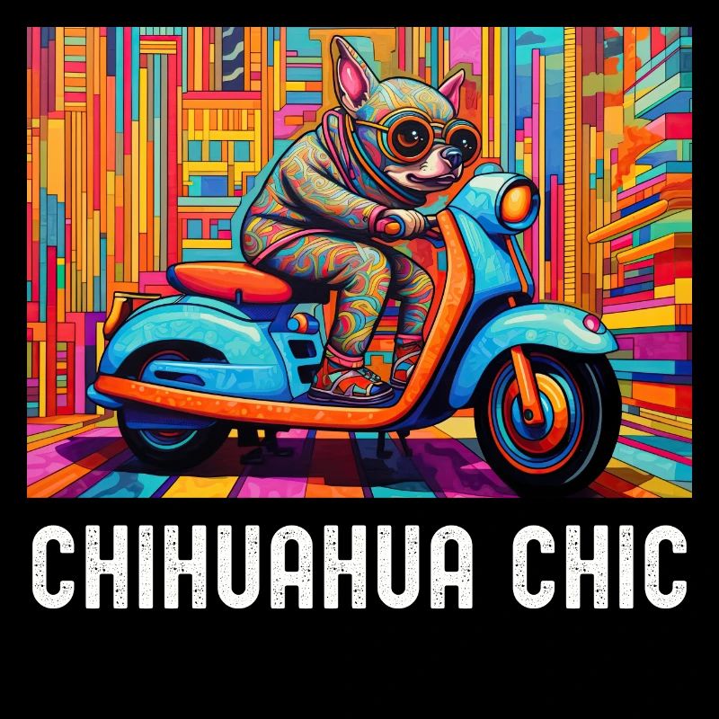 Chihuahua Riding a Colorful Scooter on Pattern
