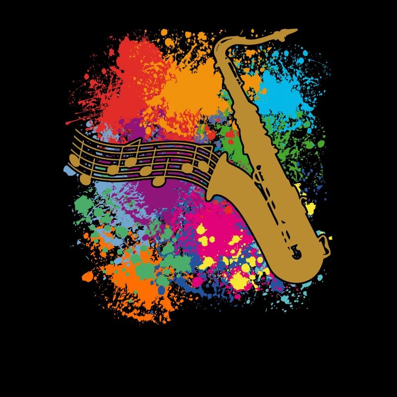 Silhouette de saxophone et notes de musique sur des taches de couleur