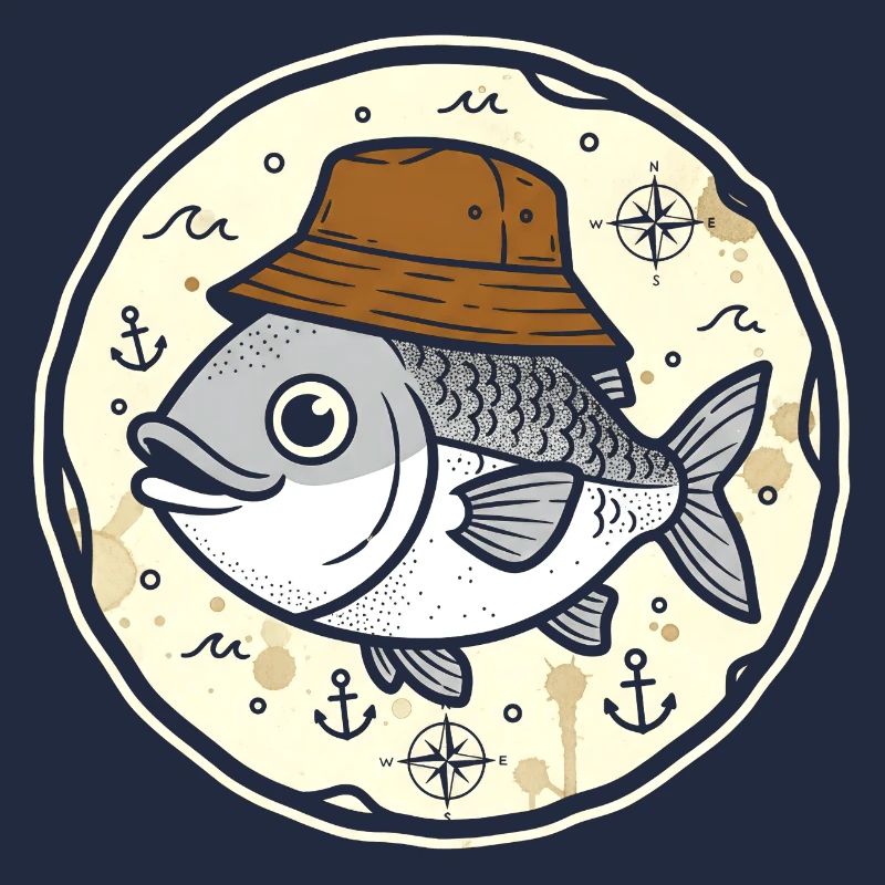 Fish with hat in nautical round logo