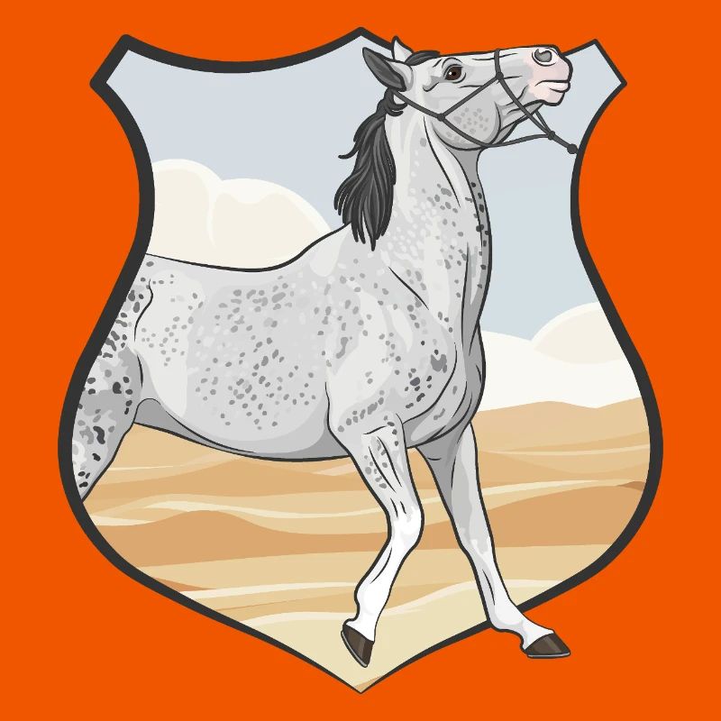 Ein graues Pferd, ein Wappen und eine Wüste