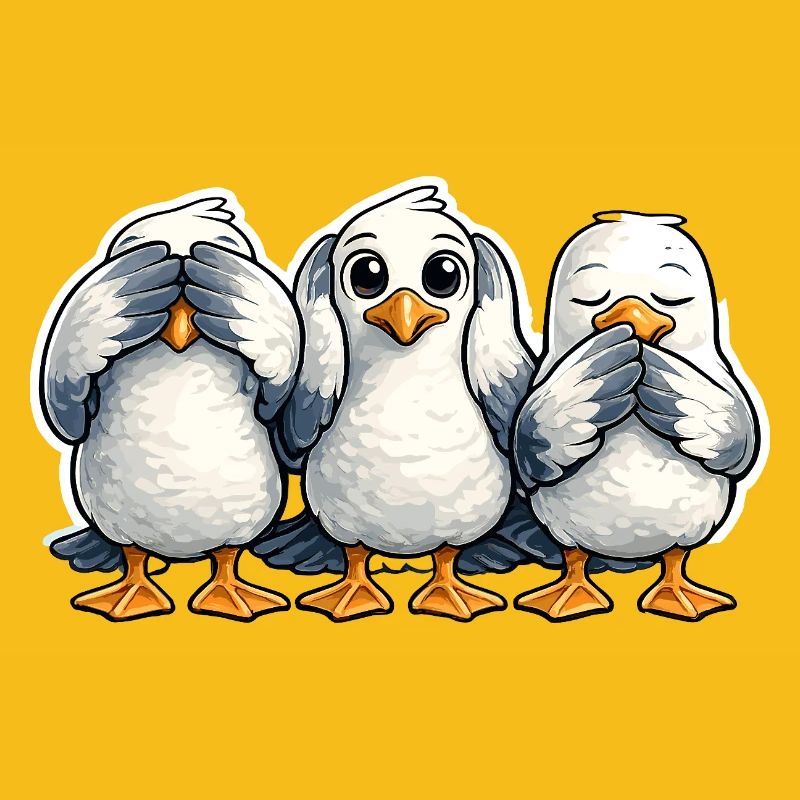 Three seagulls see nothing hear nothing say nothing