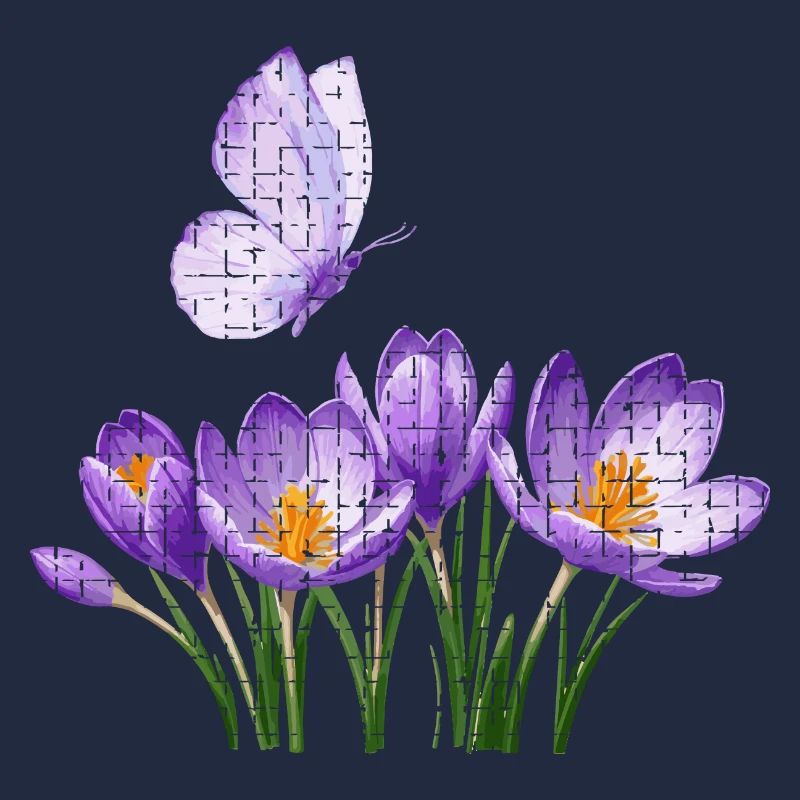 Crocus violets et papillon : conception en treillis