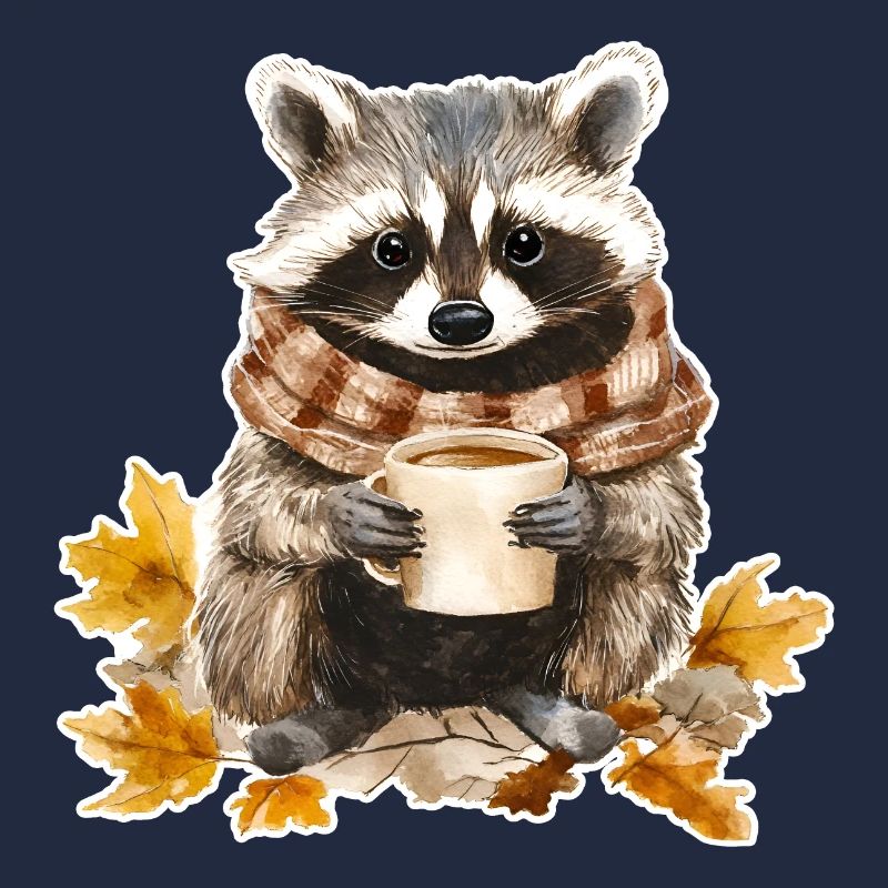 Feuilles d’automne douillet raton laveur d’automne avec tasse de café
