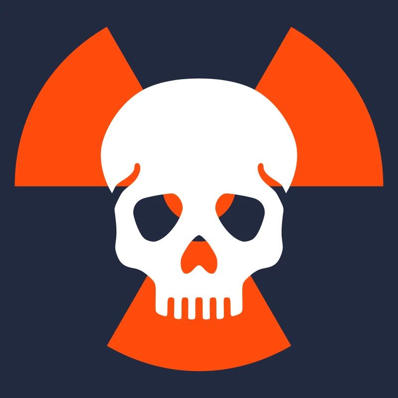 Schädel ohne Unterkiefer vor Strahlenwarnzeichen