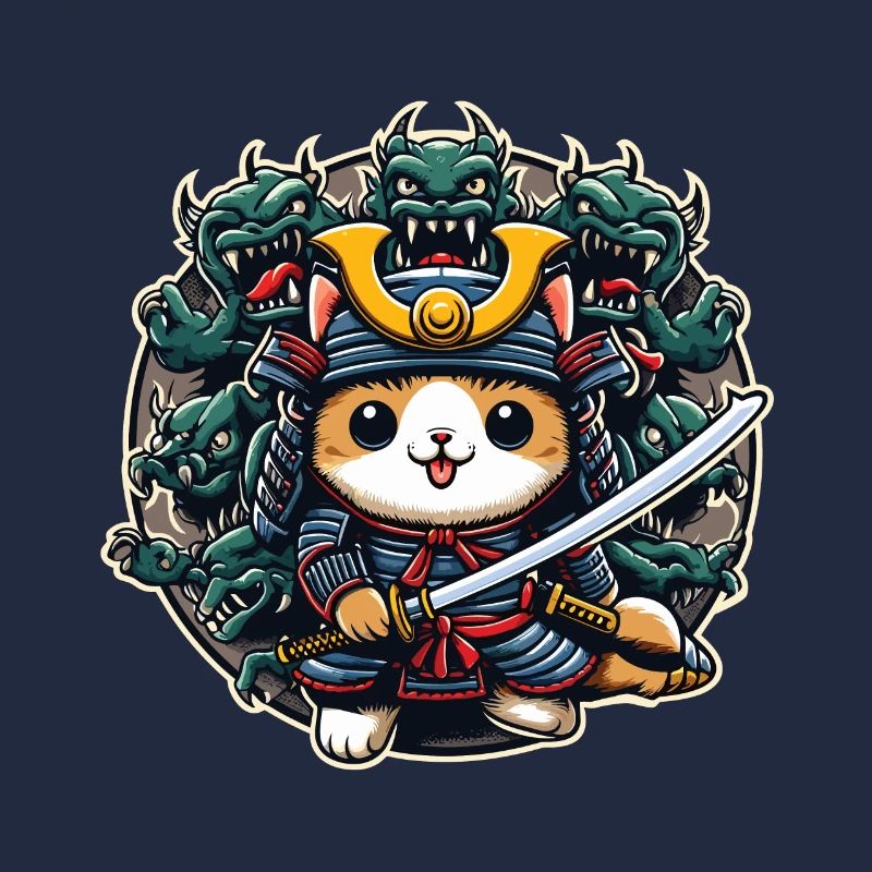 Samurai-Ninja-Katze und Monster dahinter
