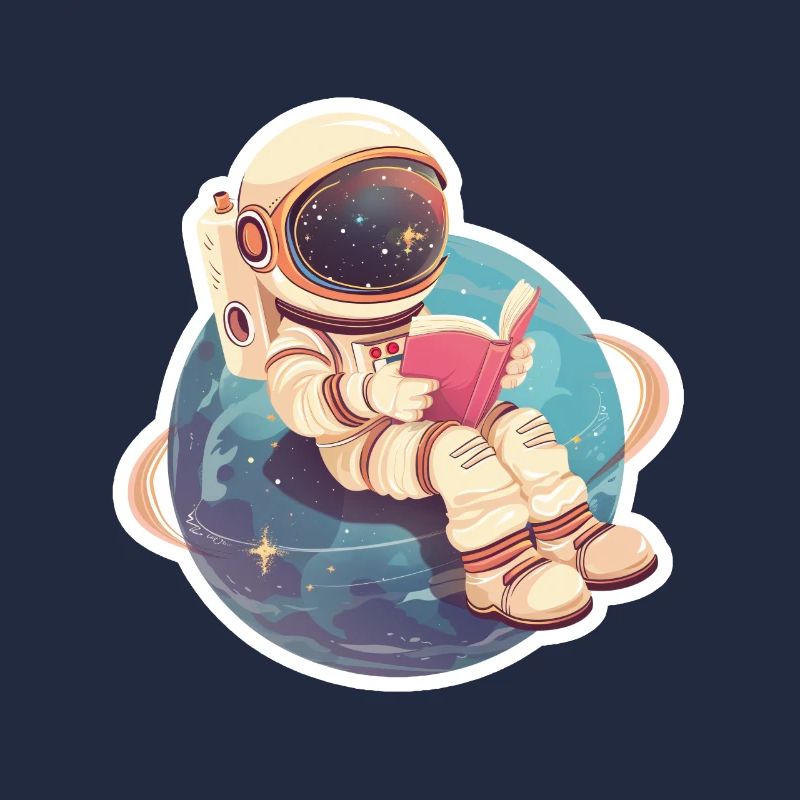 Süßer Astronaut liest ein Buch im Weltall