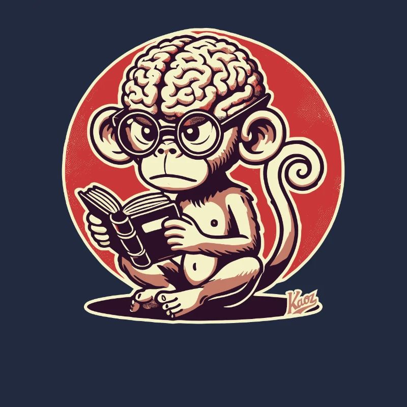 Nerd-Affe mit großem Geirn liest ein Buch