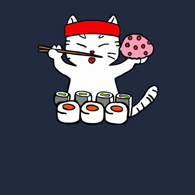 Cat eats sushi with chopsticks