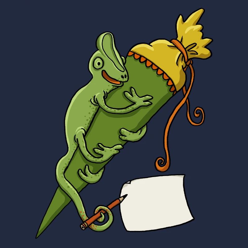 Caméléon avec cône d’école et bout de papier