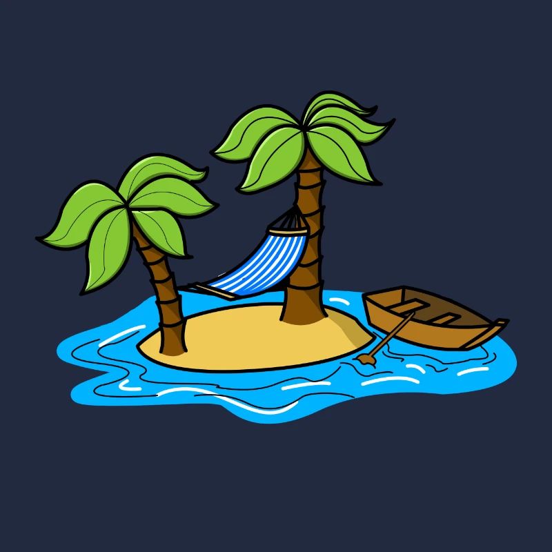 Insel mit Palmen, einer Hängematte und einem Boot