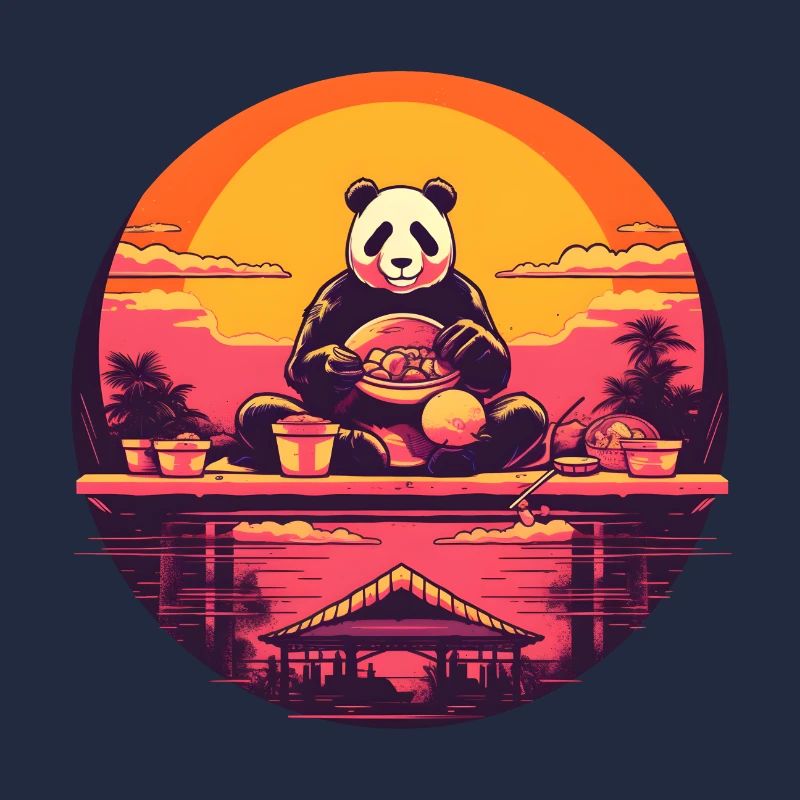 Synthwave eating Panda Japan Sunset
