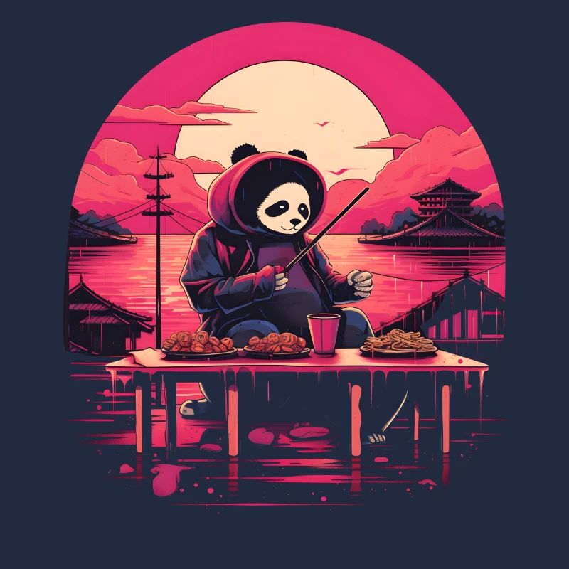 Synthwave eating Panda Japan Sunset