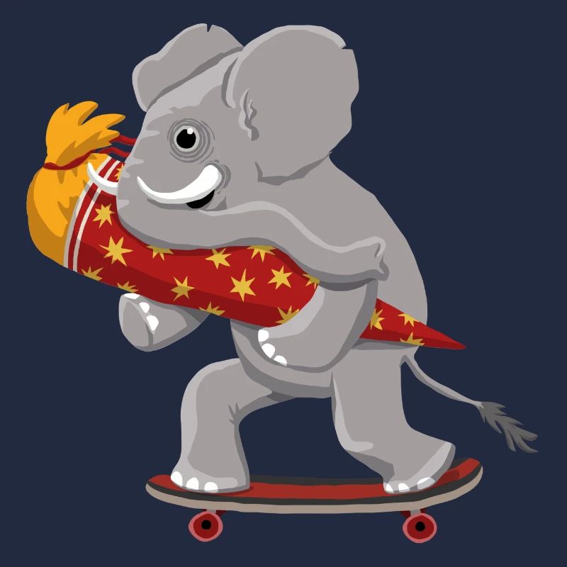 Eléphant avec planche à roulettes et cône d’école