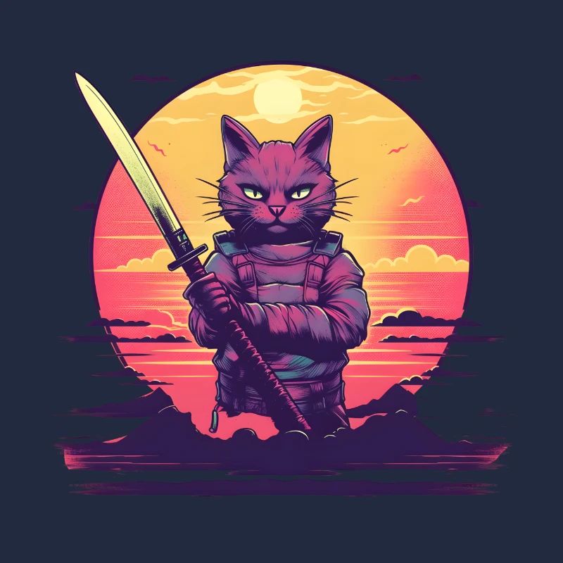 Synthwave samurai Cat sunset