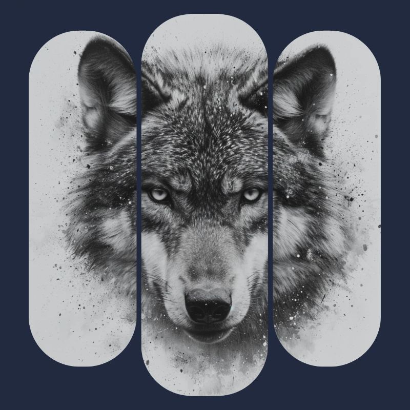 triptych Black and White Wolf