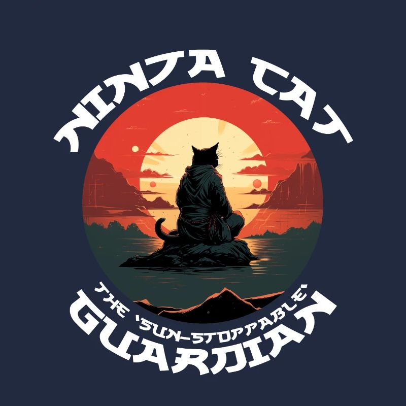 Chat noir ninja devant le soleil rouge