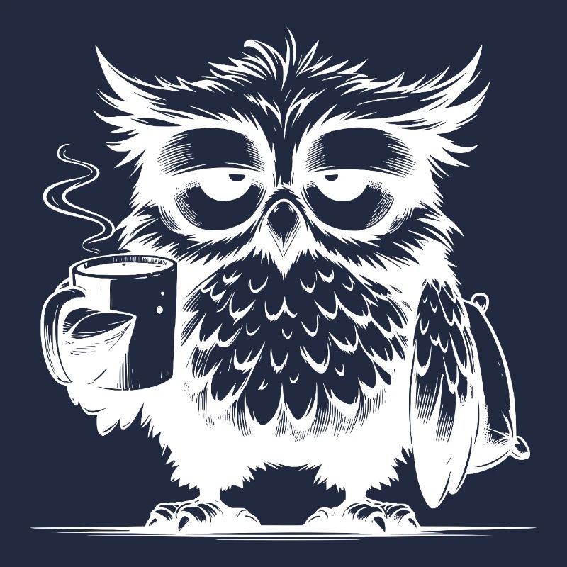 Lustige müde Comic Eule mit Kaffee Defizit